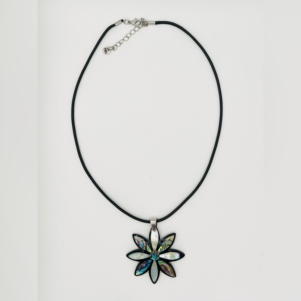 Abalone Flower Pendant Necklace on Black Rope Chain - Picture 2 of 3